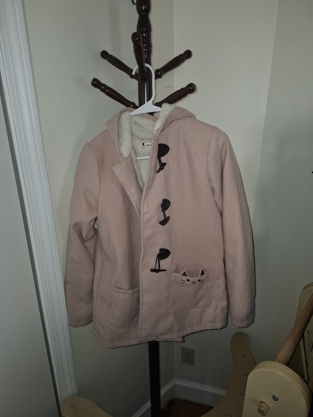 Kawaii Pink Hooded Toggle Coat with Sherpa Lining
